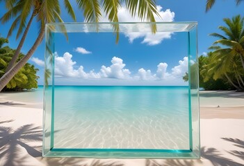 A large white square frame partially submerged in calm, turquoise tropical water, with a clear blue sky and soft clouds in the background