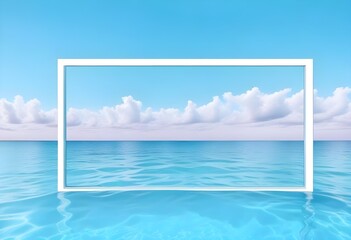 A large white square frame partially submerged in calm, turquoise water, surrounded by lush green palm trees on the shore, a clear blue sky and fluffy clouds above, morning light enhancing the scene.