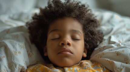 little tired black cute boy in Sleeping suit waking up in the moring. Waking up before school. Waking up before Kindergarden.