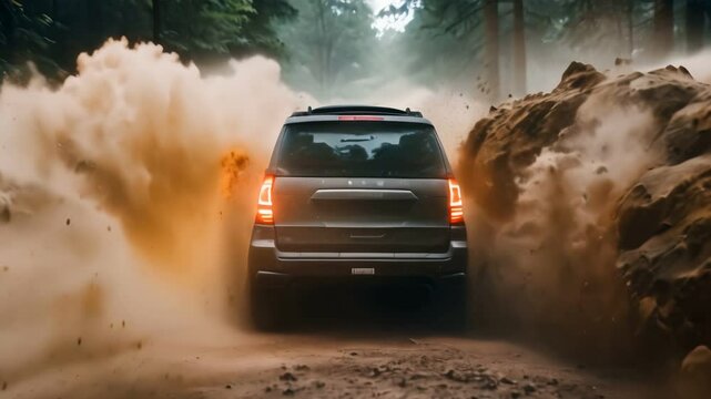Car driving through the mud on a forest road. Motion blur. 4x4 vehicle splashing dirty soil, spinning tire. Off transport. Extreme excitement. Muddy truck suv racing on rural terrain.