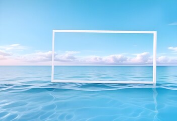 A large white square frame partially submerged in calm, turquoise water, surrounded by lush green palm trees on the shore, a clear blue sky and fluffy clouds above, morning light enhancing the scene.