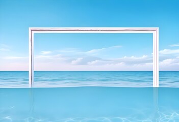 A large white square frame partially submerged in calm, turquoise water, surrounded by lush green palm trees on the shore, a clear blue sky and fluffy clouds above, morning light enhancing the scene.