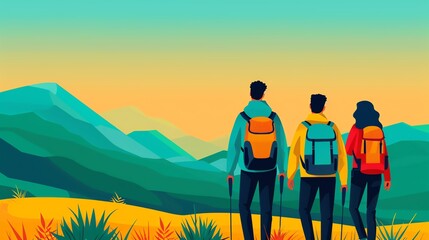 Field study trip, students in rural landscape, flat design illustration