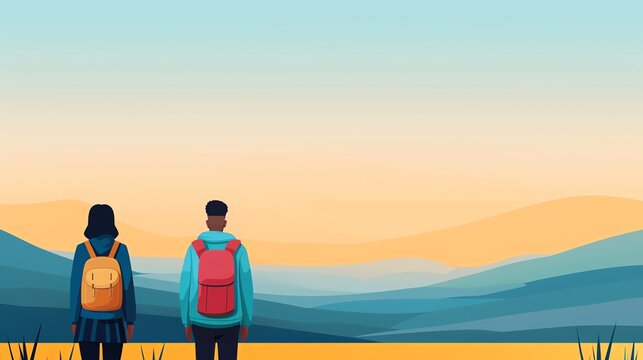 Field study trip, students in rural landscape, flat design illustration