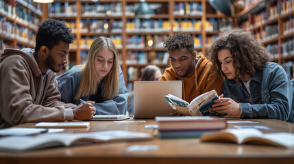 Students collaborating in a library study session. A diverse group of young adults focused on learning together, ideal for educational, teamwork, and diversitythemed projects.
