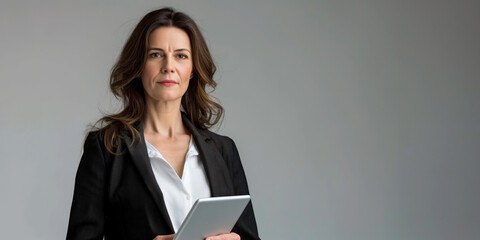 Obraz premium Confident businesswoman with tablet. A professional woman in formal attire holding a tablet, ideal for business, technology, leadership, and corporate communications.