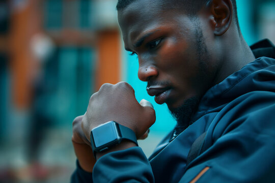 Determined young man after workout. Showcases determination, focus, and athleticism. Ideal for fitness, sports, motivation, and technology marketing. Perfect for social media and editorial use. - Powered by Adobe