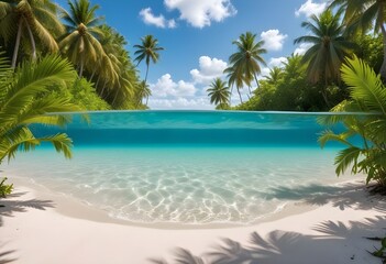 Fototapeta premium A large white square frame partially submerged in calm, turquoise water, surrounded by lush green palm trees on the shore, a clear blue sky and fluffy clouds above, morning light enhancing the scene.