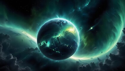 Fototapeta premium A large planet with a glowing green atmosphere surrounded by swirling clouds and cosmic energy in a dark, starry sky