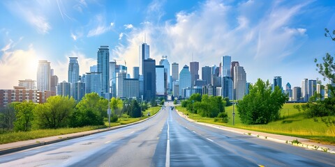 Fototapeta premium Downtown cityscape with road and tall buildings in the background
