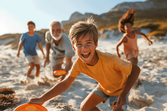 Happy kids and grandparent playing frisbee on sunny beach. Ideal for promoting family fun, outdoor activities, and joyful moments in travel or leisure marketing.