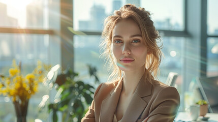 businesswoman in a sunlit office with natural light, exuding professionalism and elegance