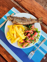 delicious and fresh dish with baked fish top view