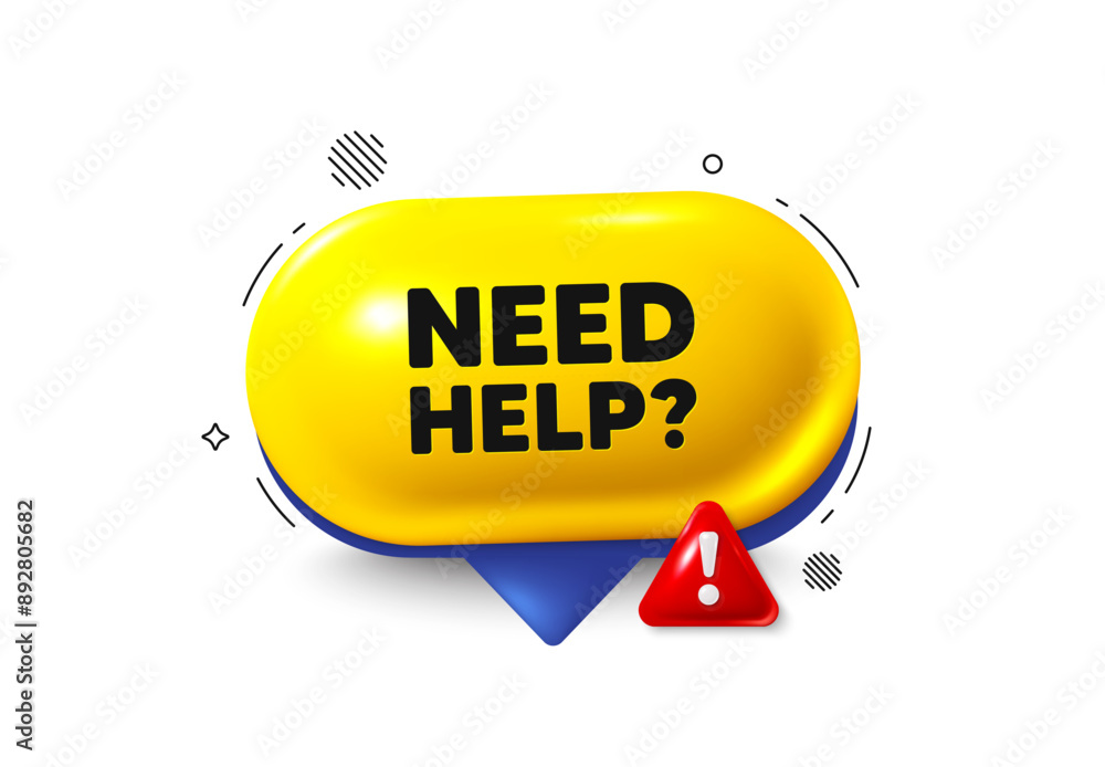 Poster offer speech bubble 3d icon. need help tag. support service sign. faq information symbol. need help 