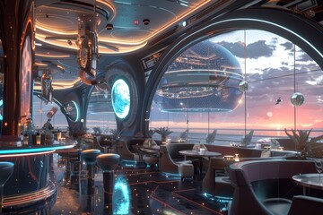 High-Tech Luxurious Seafood Bar with Holographic Menus in Futuristic Urban Setting