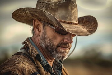 Fototapeta premium Closeup of a bearded cowboy with a leather hat, symbolizing the classic american west