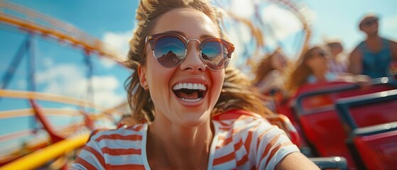 Obraz premium Photorealistic happy family at theme park, sunny day, riding roller coaster, joyful screams, detailed scenery, colorful attractions, dynamic action shot