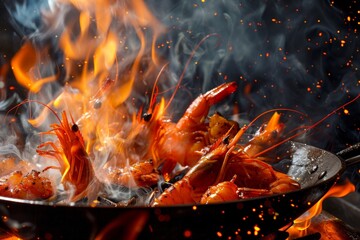 Culinary Artistry: Chef Flambeing Shrimp with Dramatic Flames in Action for Print or Poster