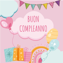 biglietto o fascia per augurare buon compleanno a un bambino in rosa in una nuvola con stendardi di vari colori attorno ai palloncini su sfondo rosa