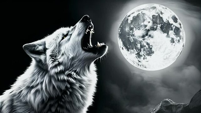 A lone wolf howling at a full moon on a dark night, conveying themes of wilderness, solitude, and mysticism. This scene is perfect for nature documentaries, mystical stories, and atmospheric projects.