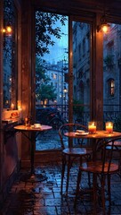 A small caffe with a window view with candle light.