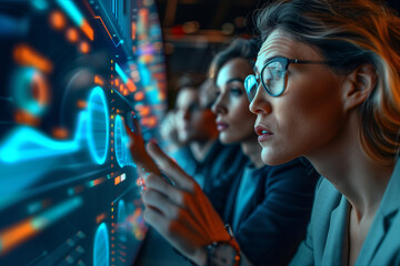 Obraz premium a girl corporate attire depicting business statistics and graphics with a futuristic concept, woman works on computer,