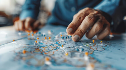 A hand touches a map with multiple pins connected by lines, representing strategic planning or logistics coordination.