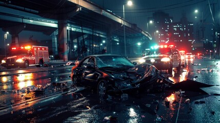 Dramatic Nighttime Car Collision Under a Bridge with Emergency Response and Streetlights