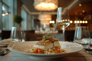 Elegant Seafood Dinner at High-End Restaurant with Gourmet Fish Dish and Ambient Lighting
