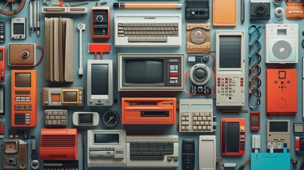 Fototapeta premium Creative paper-cut art of collection of retro electronic devices and gadgets arranged on a light background, symbolizing vintage technology and nostalgia.