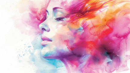 A woman's face with closed eyes, painted in abstract watercolor. The background is a blend of pink, orange, and blue