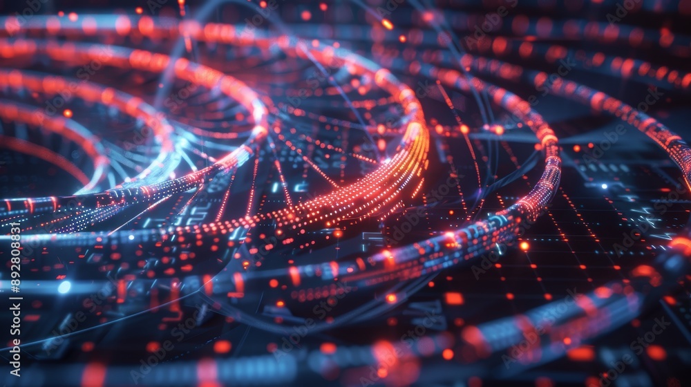 Poster 3d rendering of a dna molecule surrounded by abstract digital data, ideal for genetic and health top