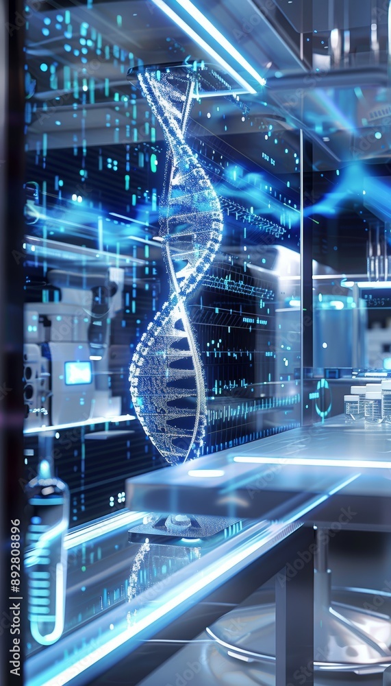 Aufkleber futuristic biotechnology lab synthesizing artificial dna with digital interfaces and advanced equipm