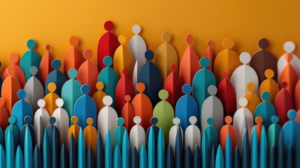 A vibrant crowd of colorful, layered paper-cut figures, symbolizing diversity, unity, or community.
