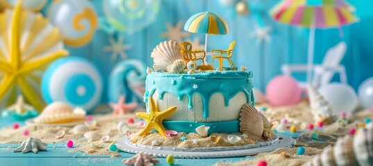 Beach Vacation-Themed Birthday Cake with Seashells, Starfish, and Beach Decorations for Summer Celebration