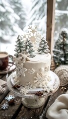 Rustic Winter Wonderland Birthday Cake with Snowflakes and Pine Trees for Festive Celebrations