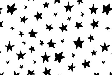 Doodle black stars seamless pattern. Vector holiday and birthday design, stars in the sky, celebration. Starry sky background. Festive background