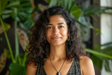 Fototapeta premium Portrait of a smiling woman with curly hair, standing amidst lush greenery