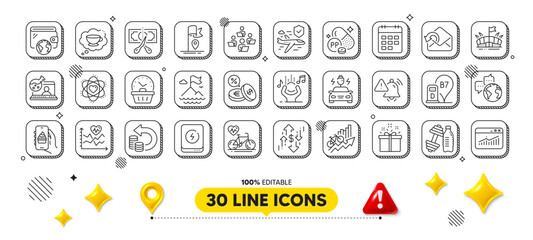Food app, Arena and Online chemistry line icons pack. 3d design elements. Special offer, Currency exchange, Cut tax web icon. Power bank, Calendar, Cash back pictogram. Vector