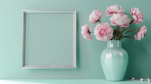 Mockup with flowers in mint vase and empty silver frame