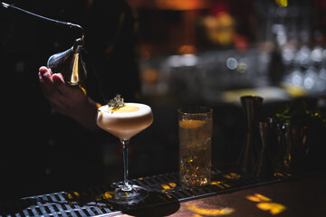 the bartender prepares a beautiful alcoholic cocktail at the bar counter