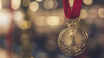 Close-Up of First Place Gold Medal in Sports Arena - Victory, Achievement, Celebration Design