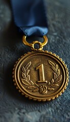 Close-Up of First Place Gold Medal with Blue Ribbon, Laurel Wreath Design - Victory and Excellence