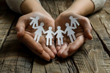 Hands holding paper people as a gesture of protection. Insurance concept.