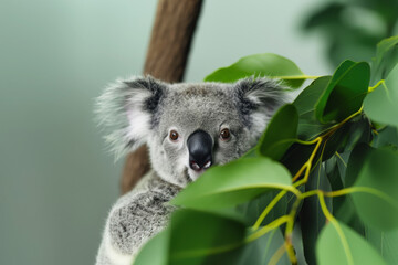 Fototapeta premium Koala on a eucalyptus tree hides among the foliage, concept of caring for wild animals