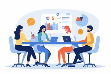 The young, successful lady with glasses is presenting the new plan at the conference. Her colleagues are listening attentively and smiling.