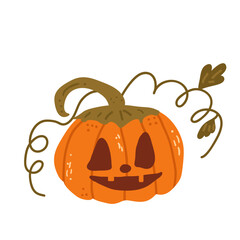 Halloween pumpkin isolated on white background. Textured stylized autumn ripe vegetable with spooky face. Carved lantern with tendrils and leaves. Vector hand drawn illustration