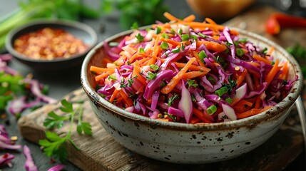 Vibrant purple cabbage slaw with carrots and green onions in a white bowl