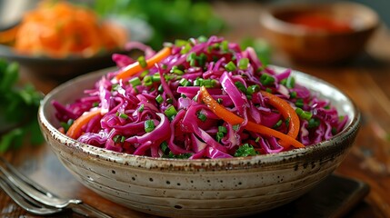 Vibrant purple cabbage slaw with carrots and green onions in a white bowl