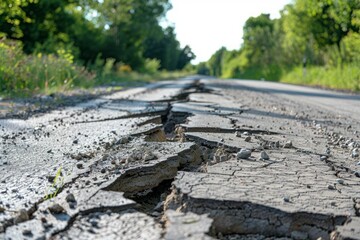 Closeup of a cracked and uneven asphalt road signifying neglect and disrepair